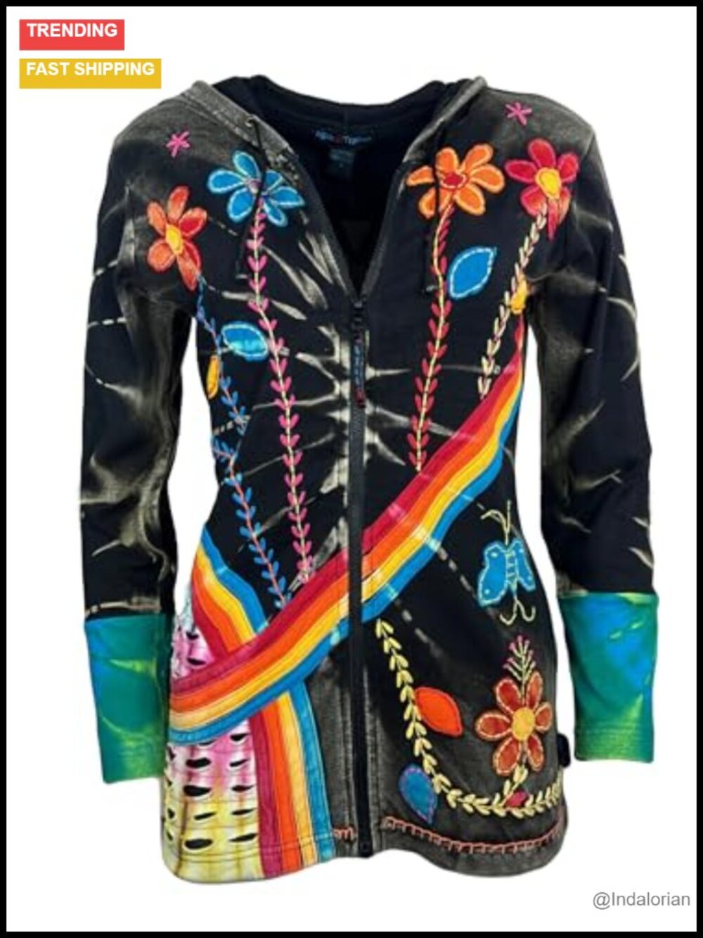 Boho Zip Up Hoodie Women Lightweight Cotton Embroidered Jacket Tie-Dye